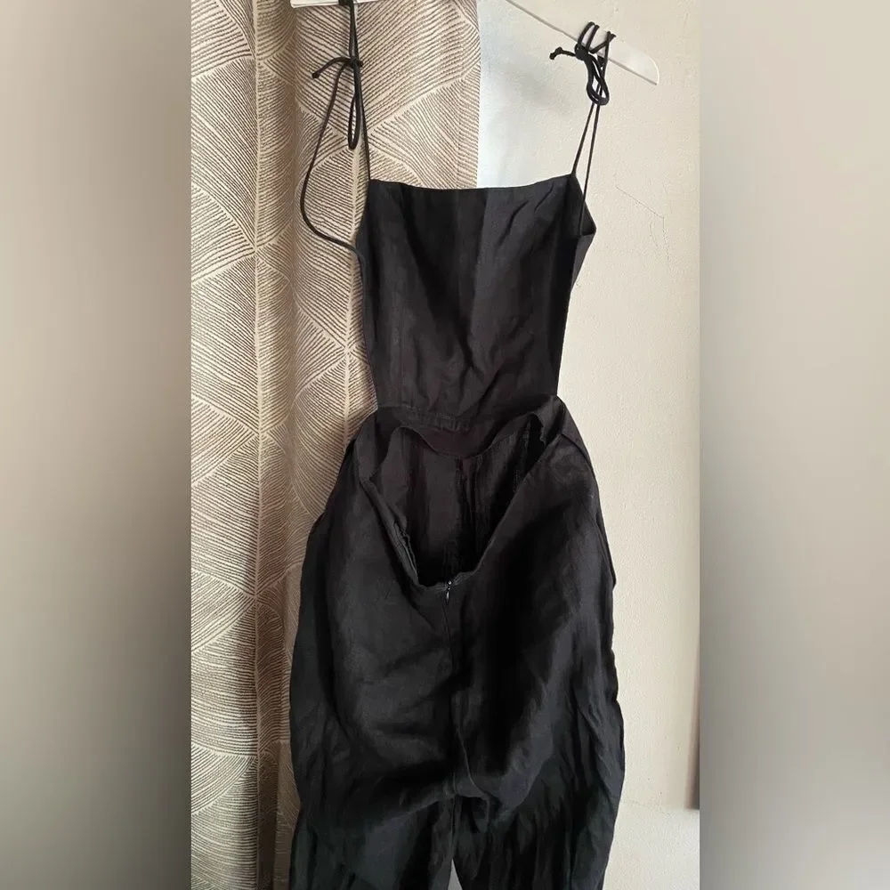 Reformation Rufus Jumpsuit Black Backless Back Linen Tie Straps Pockets Crop Sz4